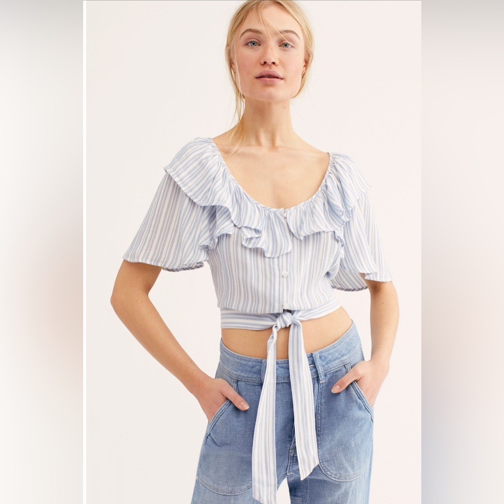 Free People Light Blue and White Striped Ruffle Tie-Front Blouse